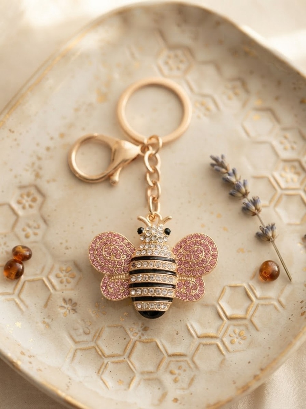 Gold Bee Keychain with Pink Crystal Wings